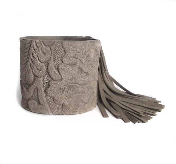 Leather bracelet greige ornamental suede or black or gray cuff FRINGE