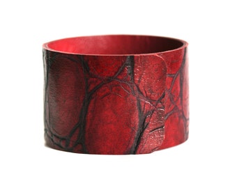 Leather bracelet cuff red crocodile unisex