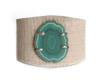 Leather bracelet cuff with agate mixed unique, agate cuff