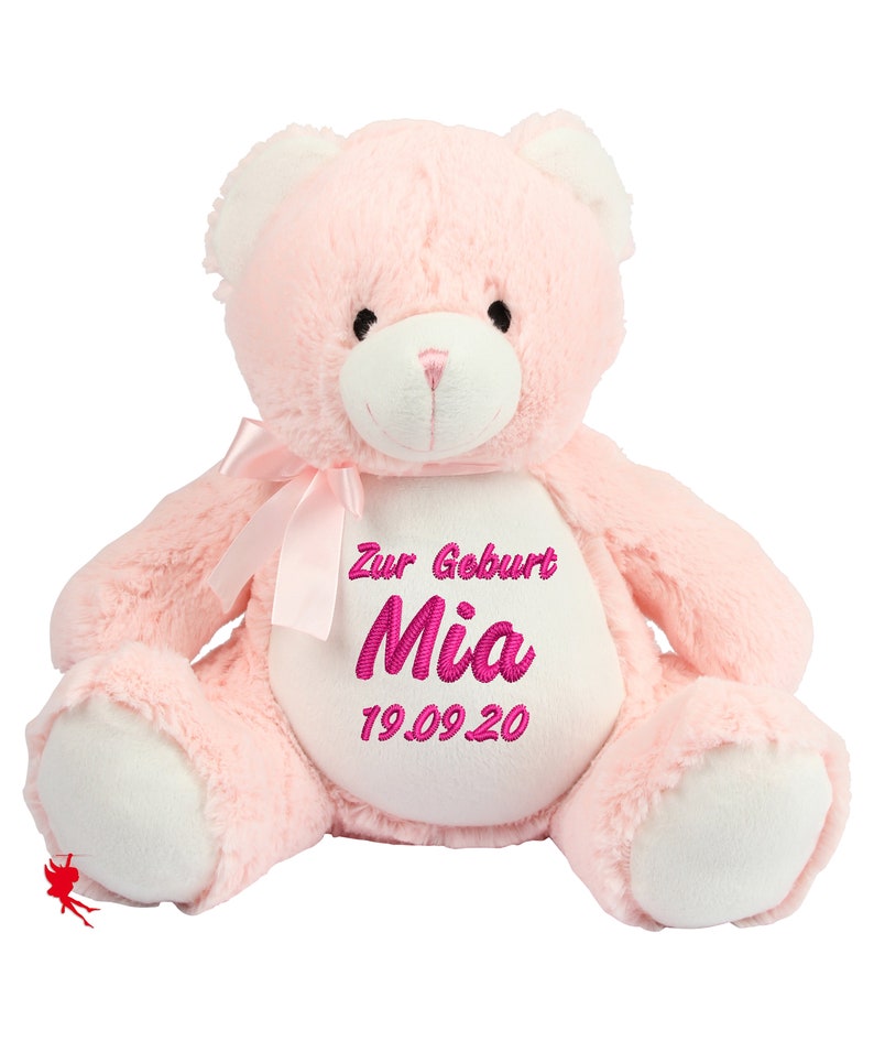 Zur Geburt / Zur Taufe Teddy Kuscheltier Stofftier mit Stickerei Plüschtier mit Name bestickt Rosa