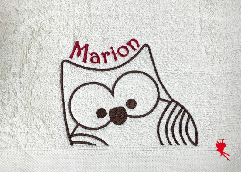 Serviette hibou brodée avec motif nom Blanc