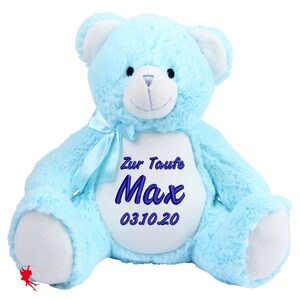 Zur Geburt / Zur Taufe Teddy Kuscheltier Stofftier mit Stickerei Plüschtier mit Name bestickt Blau