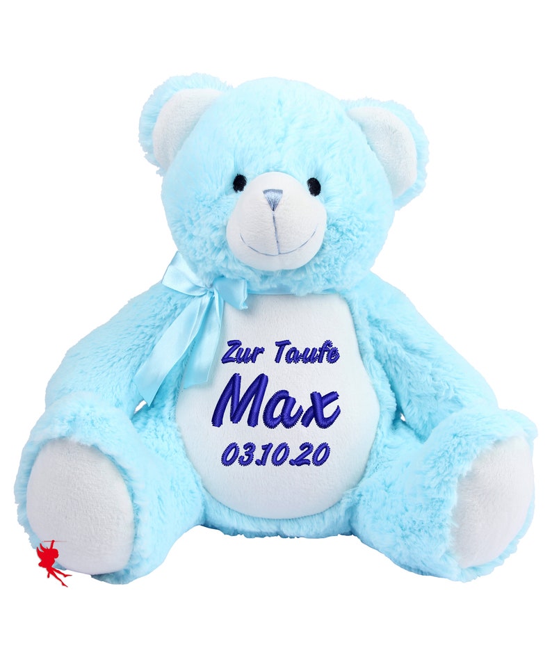 Zur Geburt / Zur Taufe Teddy Kuscheltier Stofftier mit Stickerei Plüschtier mit Name bestickt Blau