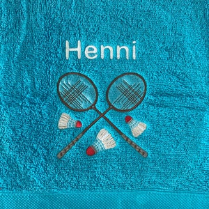 Badminton Handtuch bestickt mit Motiv Name hellblau/türkisblau