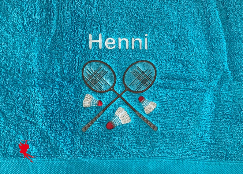 Badminton Handtuch bestickt mit Motiv Name hellblau/türkisblau