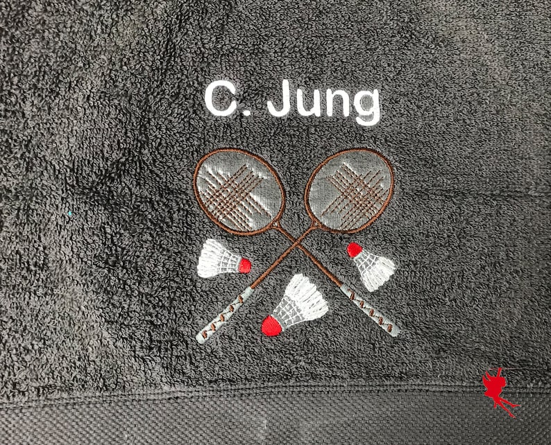 Badminton Handtuch bestickt mit Motiv Name anthrazit