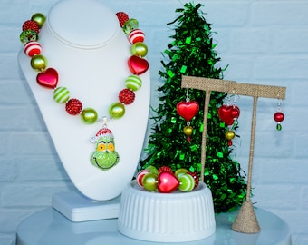 GREEN GRUMP Christmas Necklace, Chunky Bracelet, Green & Red Beads, Child or Adult Size Jewelry, Festive/Holiday Necklace, Beaded Earrings