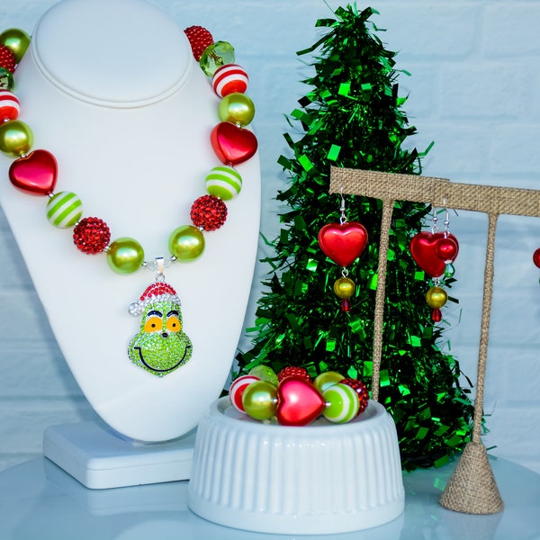 GREEN GRUMP Christmas Necklace, Chunky Bracelet, Green & Red Beads, Child or Adult Size Jewelry, Festive/Holiday Necklace, Beaded Earrings