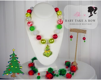 GREEN GRUMPY GUY Christmas Necklace, Christmas Earrings, Chunky Bracelet, Red & Green Beads, Child/Adult Size Jewelry, Holiday Necklace