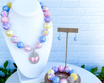 PASTEL EASTER EGG Necklace, Bubblegum Chunky Necklace, Gumball, Pink Purple Blue Yellow Beads, Child or Adult Size BubblegumGirls Jewelry