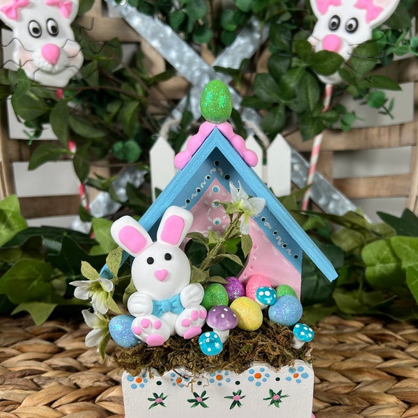 Easter bunny, Spring, Easter decor, Clay figures, Bunny decor, Tiered tray decor, Easter egg decor, Bunny with eggs, Bunny House