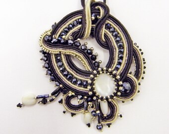 Soutache necklace , soutache pendant with mother of pearls Luna soutache  collection
