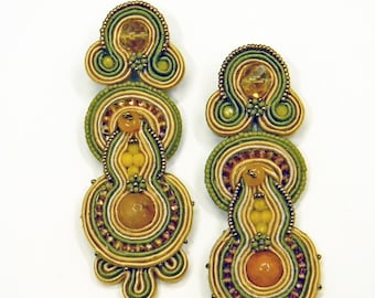 Soutache Earrings , embroiderd textile jewels , long  earrings, light earrings, statement earrings, caramel green earrings, soutache bijoux