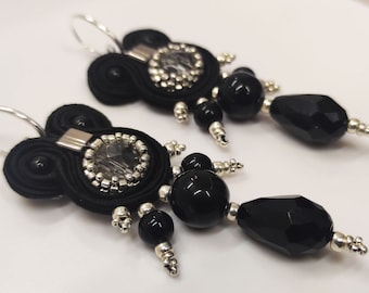 Black soutache pendant earrings with glass beads, ideal in any situation!