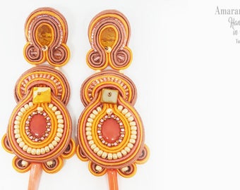 Orecchini soutache, Orecchini estivi  arancio rosa,  Orecchini pendenti, Bijoux soutache , Orecchini lunghi in soutache ricamati con perline