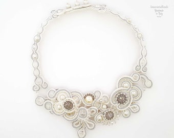 Collar soutache bordado en blanco y plata - Cuello redondo para vestido de novia o dama de honor - Collar bordado con cuentas