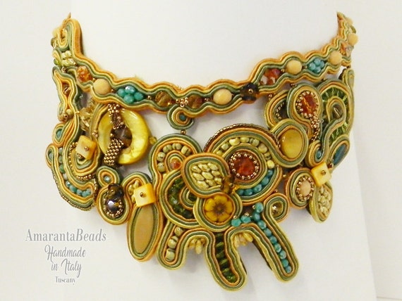 Soutache necklace. Embroidered artistic necklace. Statement necklace. Beading choker with mother of pearl. Embroidered necklace