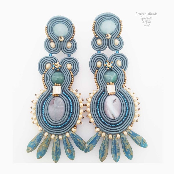 Soutache Blue Earrings embroidered with mother of pearl, Long earrings, Light  Statement Sutache blue earrings, Soutache bijoux