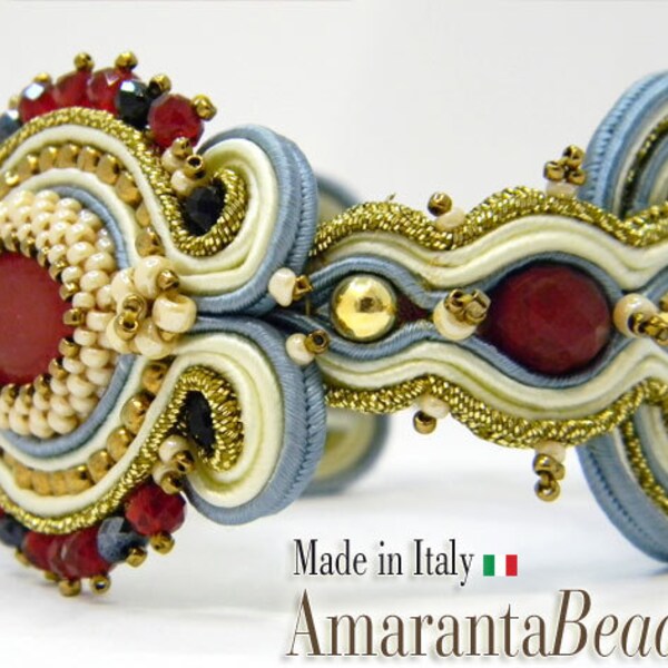 Bracciale soutache "Pajaro" filo di soutache intrecciato e ricamato intorno a pietra dura