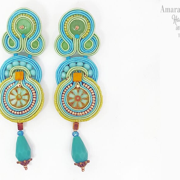 Soutache earrings, dangle earrings, summer blu green earrings, statement earrings, light earrings, soutache bijoux, soutache made in Tuscany