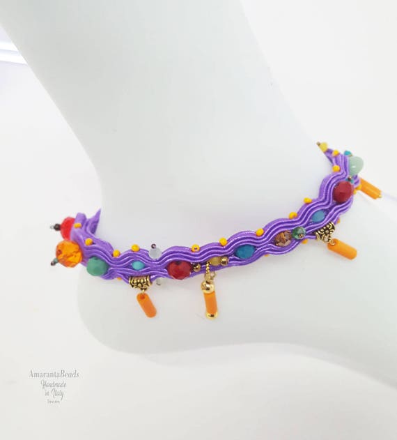 Soutache anklet, embroidered anklet, summer sea accessories, beach anklet, beack jewelry, bohemian anklet