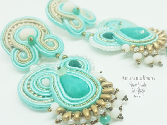 Soutache earrings, Mint earrings, Chandelier earrings, earrings with fringe, mediun long earrings, orecchini soutache, soutache accessories