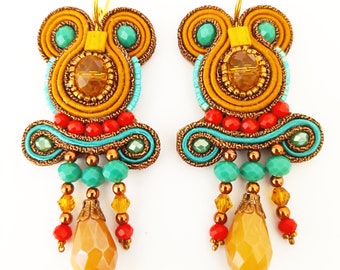 Orecchini in soutache colori ispirazione etrusca. terracotta, rosso, turchese, topazio. Made in Tuscany