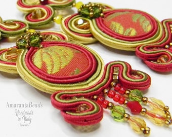 Soutache dangle earrings , elegant red gold soutache earrings, handmade soutache  jewellery,  original gift, retro vintage style