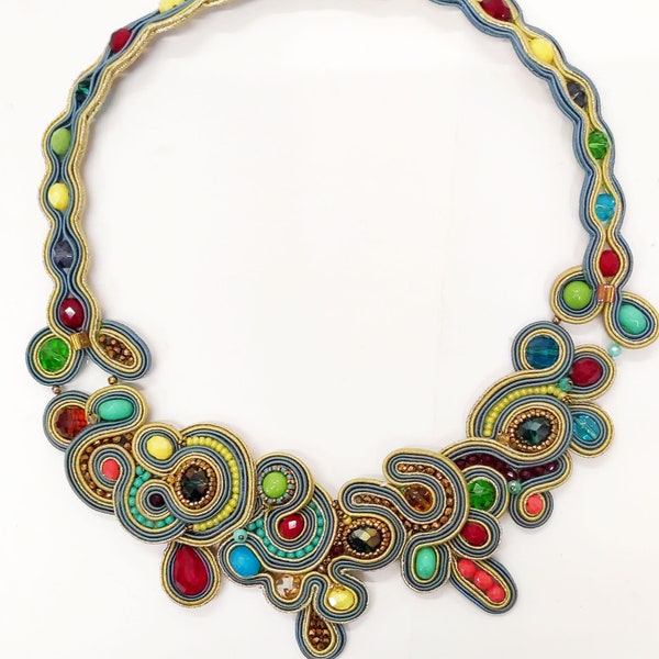 Soutache necklace in powder blue, cream and gold tone  with colored crystals and beads - Made in Tuscany