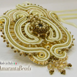 Elegant soutache necklace with pendant. Embroidery pendant with perles and glass beads