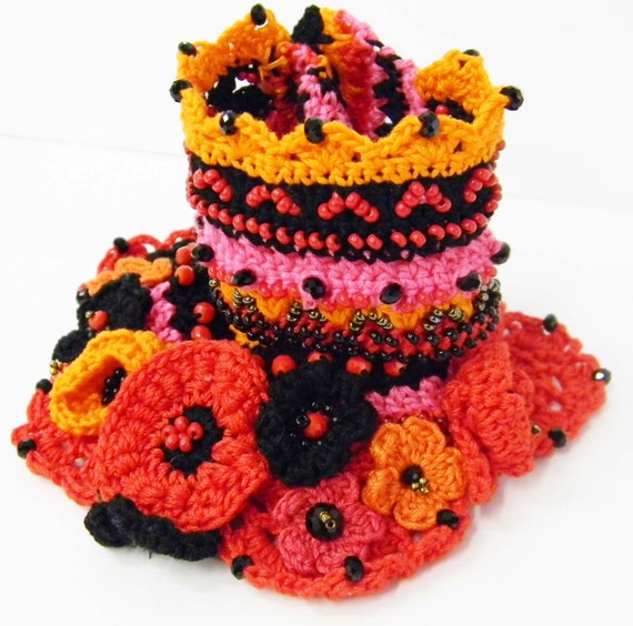 Crochet bracelet cuff -Free form - cotton thread with colorful crocheted flowers and glass beads