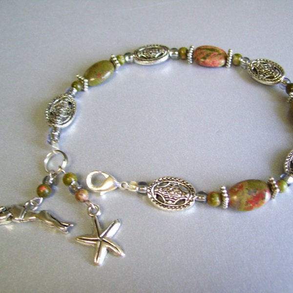 RESERVED FOR DAISY Moss Gemstone Greyhound and Starfish Bracelet