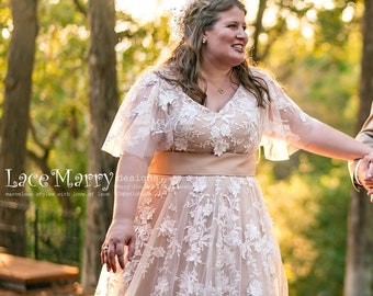 Boho Wedding Dress with Flutter Sleeves and Champagne Gold Underlay, Lace Boho Wedding Dress with Sash, Bohemian Wedding Dress with Sleeves