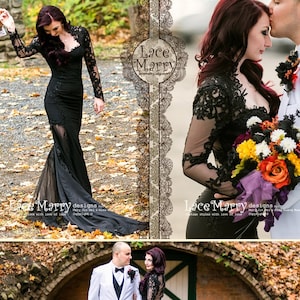 Black Wedding Dress with Sheer Open Back, Buttons and Long Sleeves in Floor Length with Transparent Slits and Train Renewal Dress image 6