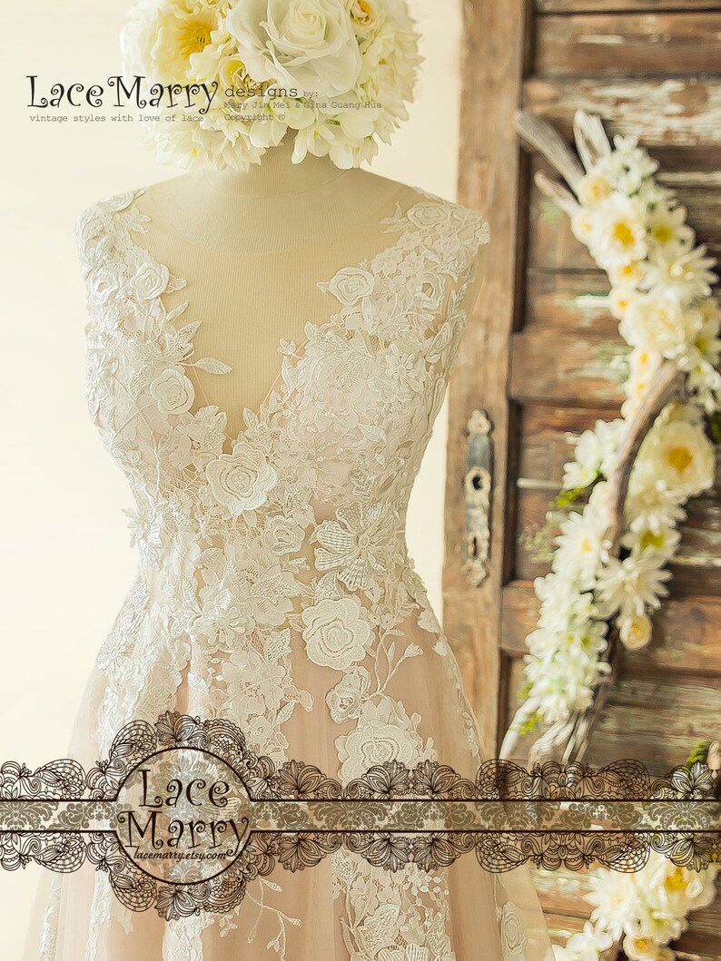 Blush Wedding Gown Colorful Wedding Boho Bridal Dress with Removable Sleeves