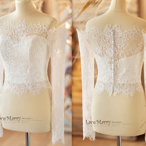 NATALIA #1 / Off Shoulder Lace Bolero with Long Sleeves, Amazing Bridal Crop Top Set with Scalloped Floral Off Shoulder Design with Bustier