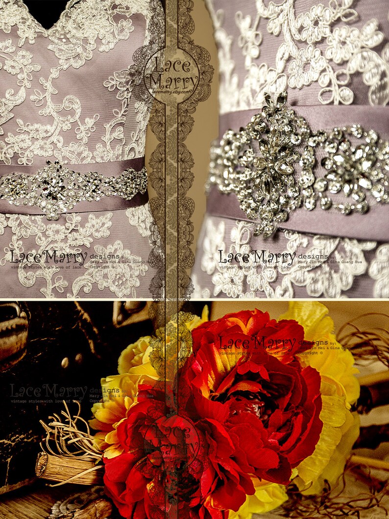 Vintage Inspired Bridal Beaded Sash Violette Splendid Handmade Rhinestone and Sequin Flower Beadwork Satin Sash to Tie on the Back