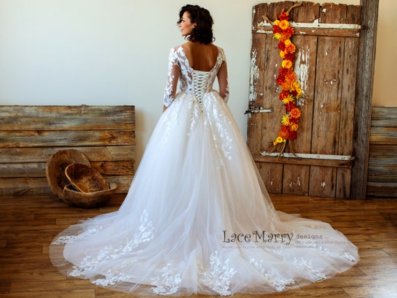 Princess Lace Wedding Dress With Sheer Long Sleeves and Illusion Neckline,  Lace Sleeves Wedding Dress, Lace Wedding Dress With Puffy Skirt 