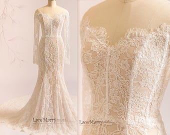 MILAGROS / Off Shoulder Lace Wedding Dress: Long Sleeve Trumpet Bridal Gown