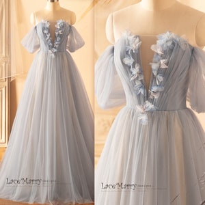 JAYLAH / Off Shoulder Wedding Dress in Blue Color, Colored Wedding Dress with Deep Plunge, Fairytale Prom Dress in Light Blue Color