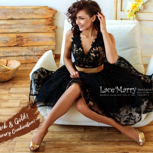 Knee Length Black Wedding Dress With 