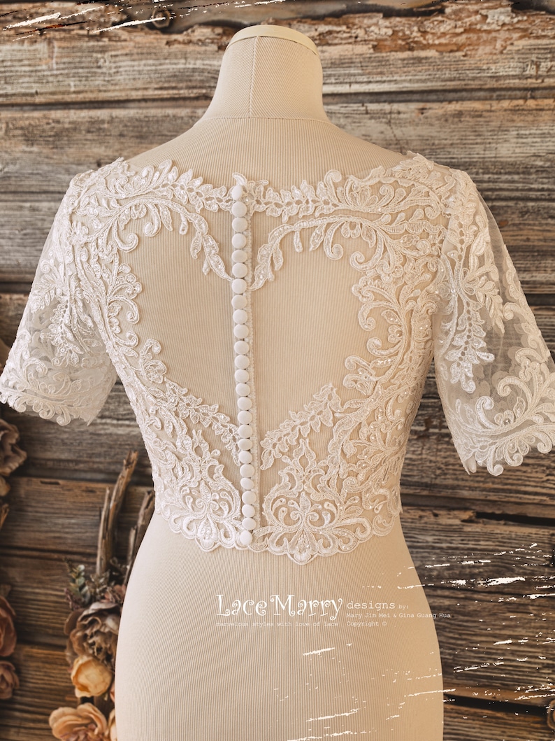 JERICA / Short Sleeve Lace Crop Top with Sparkling Appliques, Bridal Lace Topper, Wedding Lace Crop Top, Bridal Bolero, Bridal Separates image 6