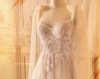 NICOLETTE / Custom Bohemian Wedding Dress | Beaded Silk Bridal Gown with Floral Embroidery & Cape