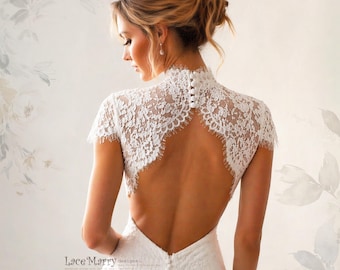 NERISSA / Open Back Cap Sleeves Lace Bolero with High Neck