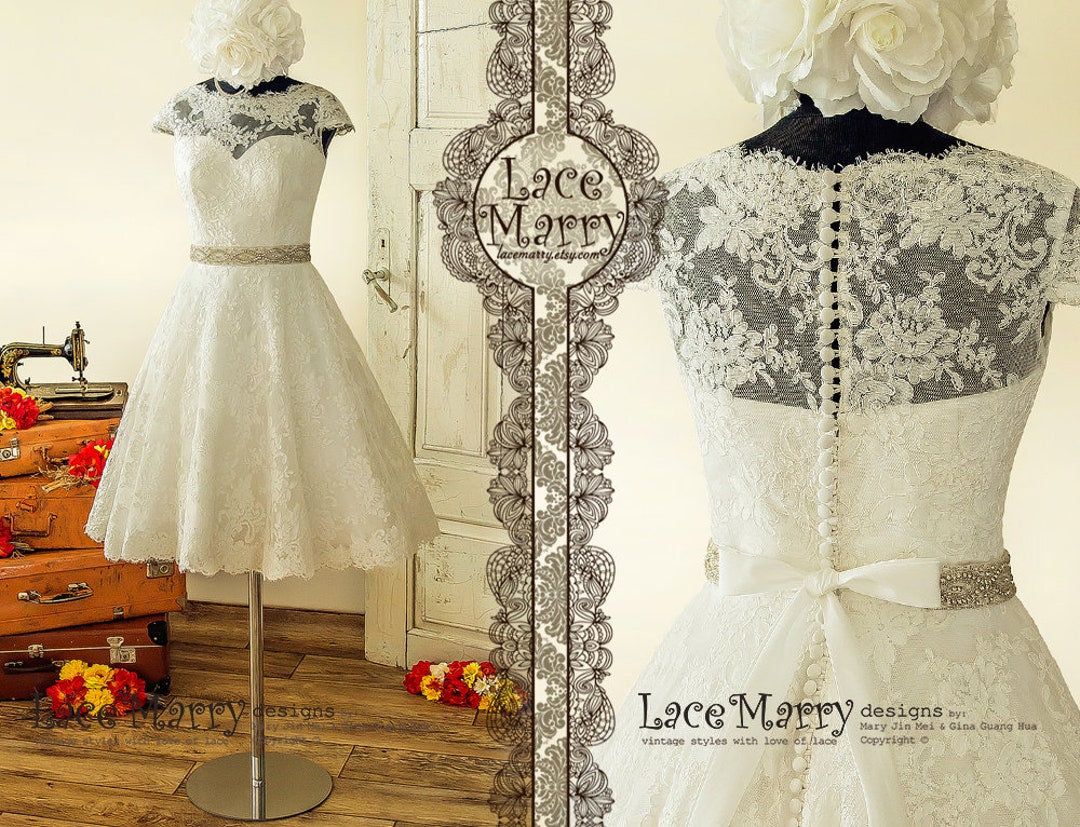 Knee Length Vintage Style Wedding Dress From Alencon Lace With Wide A