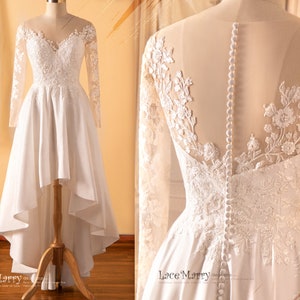 ALYSIA / Sparkling Wedding Dress with Asymmetrical Cut Skirt, Long Sleeves Wedding Dress, Short Wedding Dress, Light Wedding Dress
