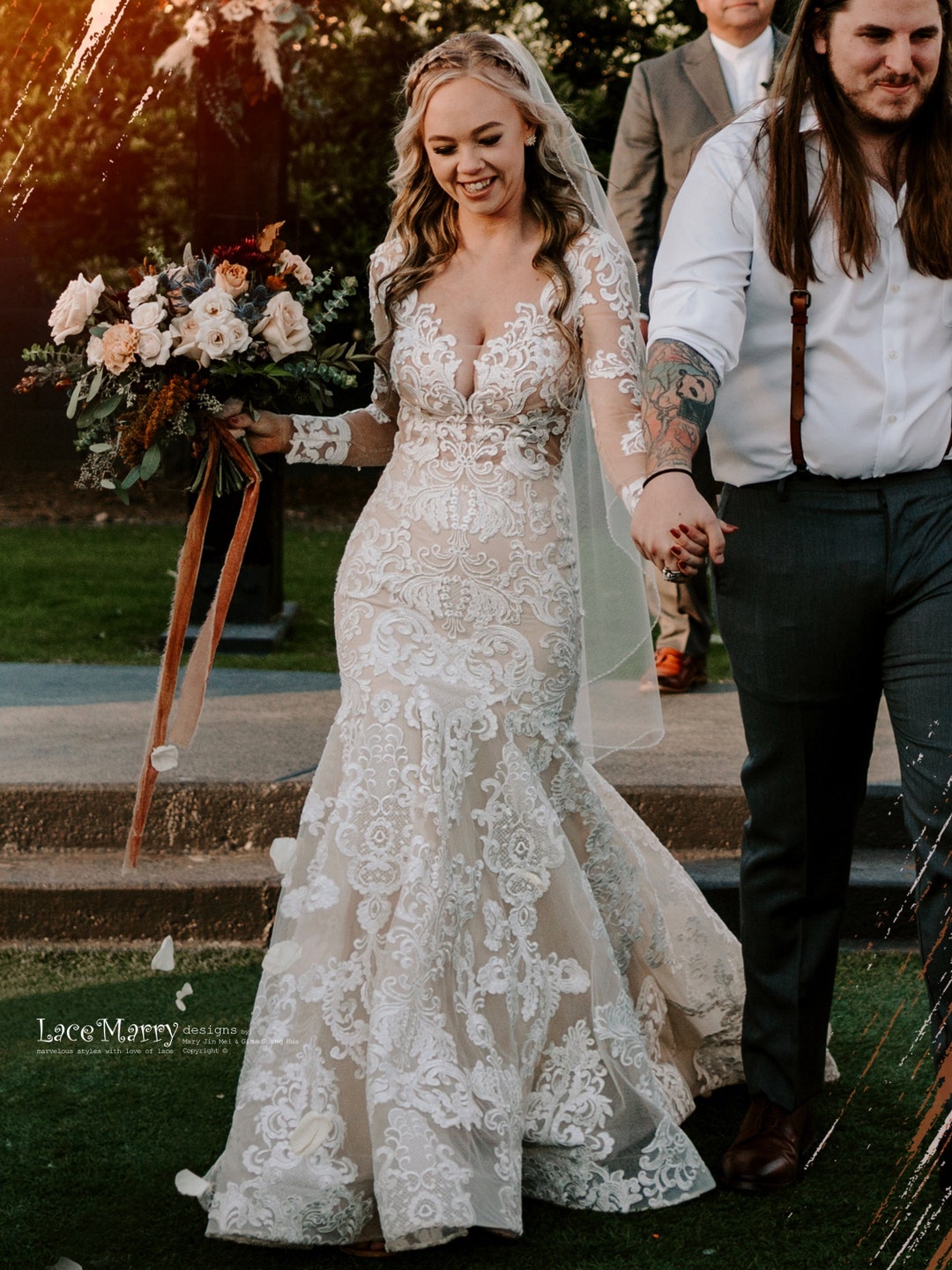 SKYE Fitted Lace Wedding Dress With Long Sleeves and Train Sheer Open Back Wedding Dress With Long Sleeves Trumpet Wedding Dress Etsy