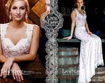 Boho Blush Wedding Dress, Scalloped Chantilly Lace, Fit and Flare
