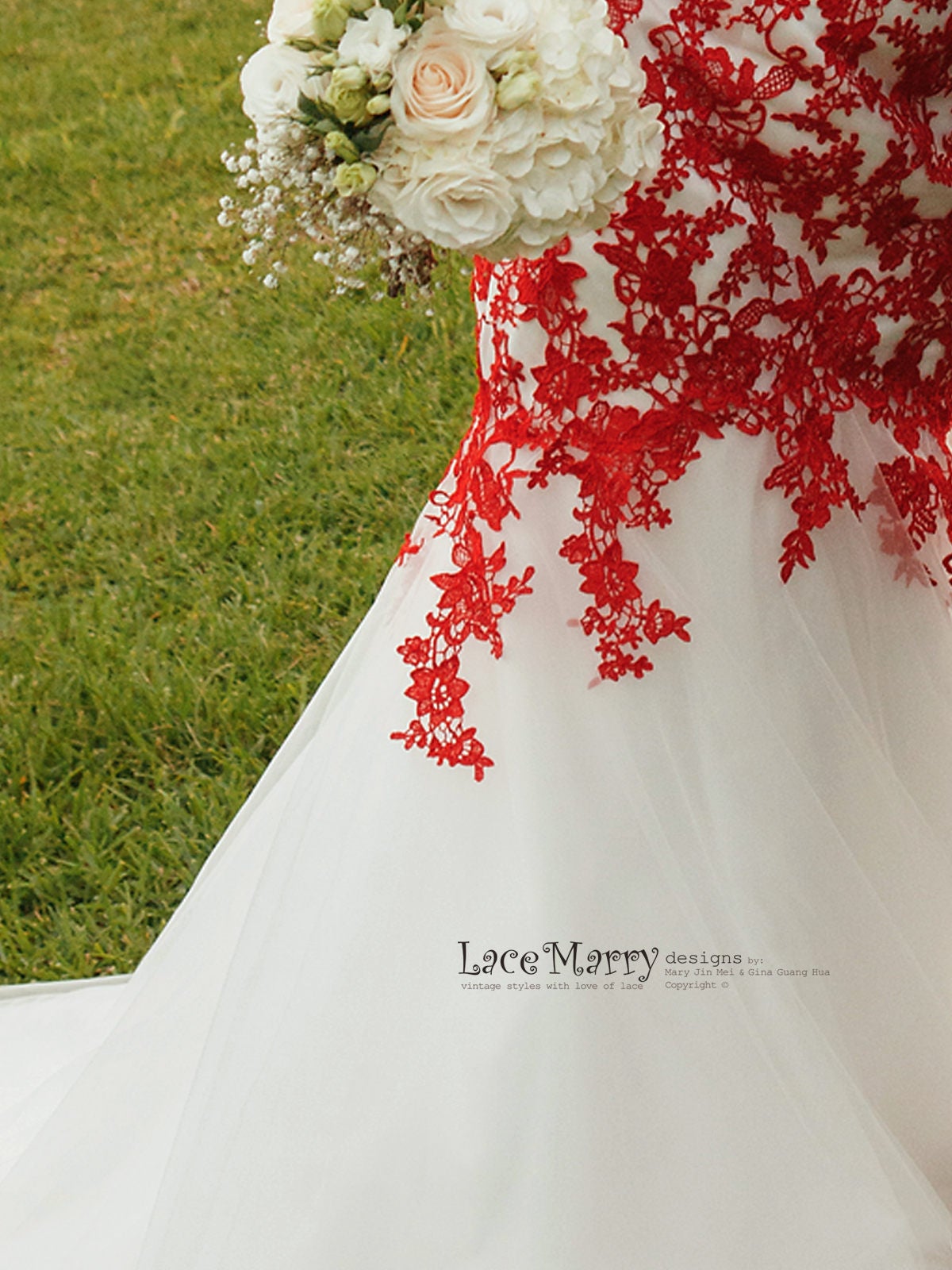 Red Lace Wedding Dress, Ivory Tulle Mermaid Gown