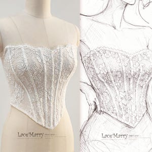 May include: A white lace corset top with a sweetheart neckline, displayed on a mannequin. The corset features floral lace detailing and vertical boning. A sketch of the corset is shown on the right. The text "Lace Marry designs" is at the bottom.